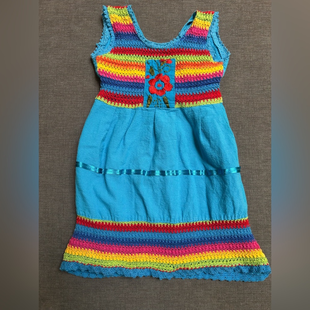 Vintage Mexican colorful embroidered blue rainbow dress Size 5/6